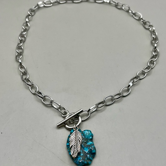 Silver and Turquoise Feather Pendant Necklace - Picture 3 of 4